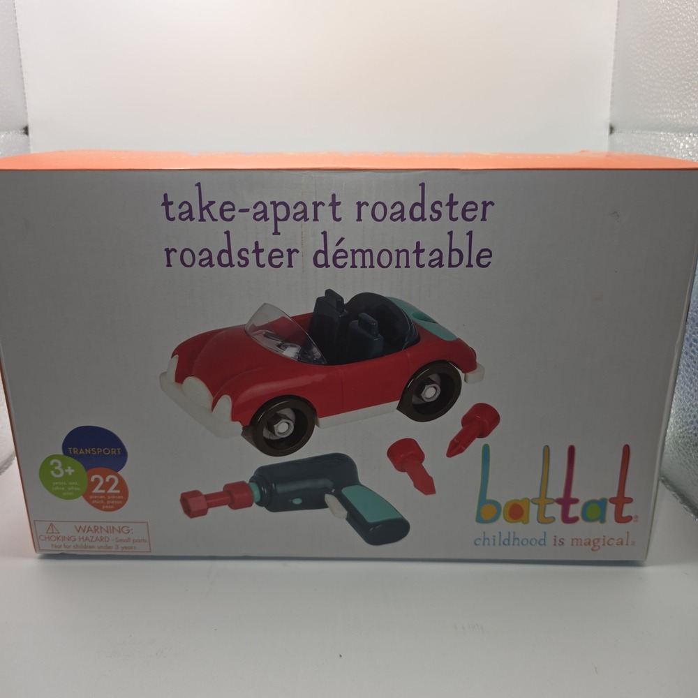 Battat Take-Apart Roadster 22pc Building Set with Toy Drill Red Convertible Car